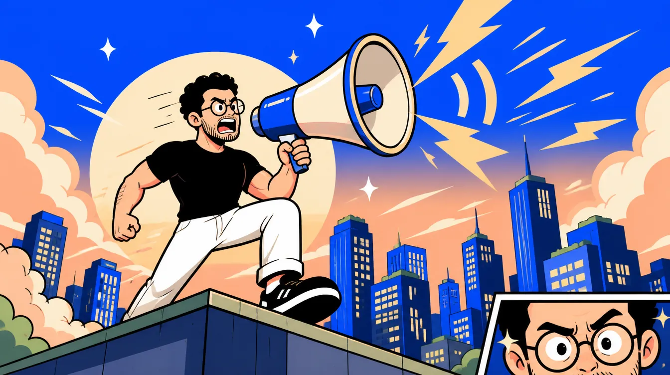 Ilustración de Jorge gritando con un megáfono sobre la ciudad